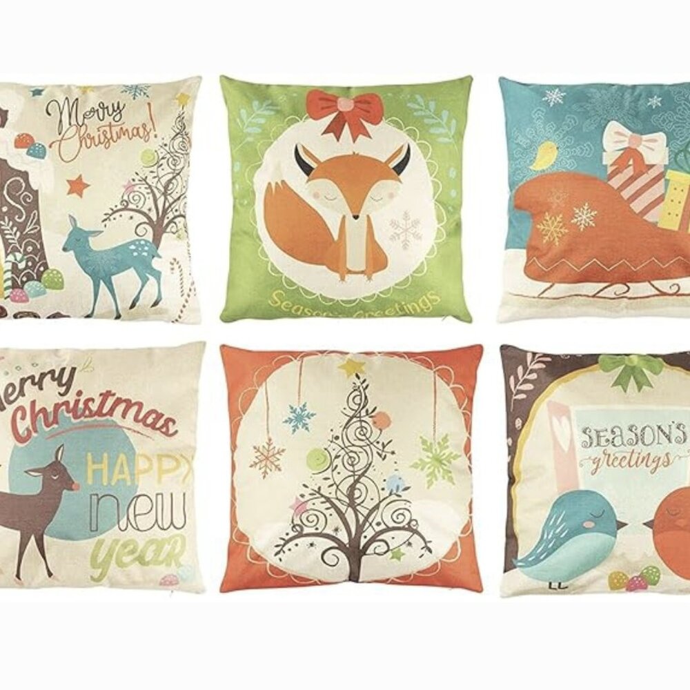 Rustic Holiday Throw Pillow Covers Set of 6 - Woodland Animal Christmas Cushion